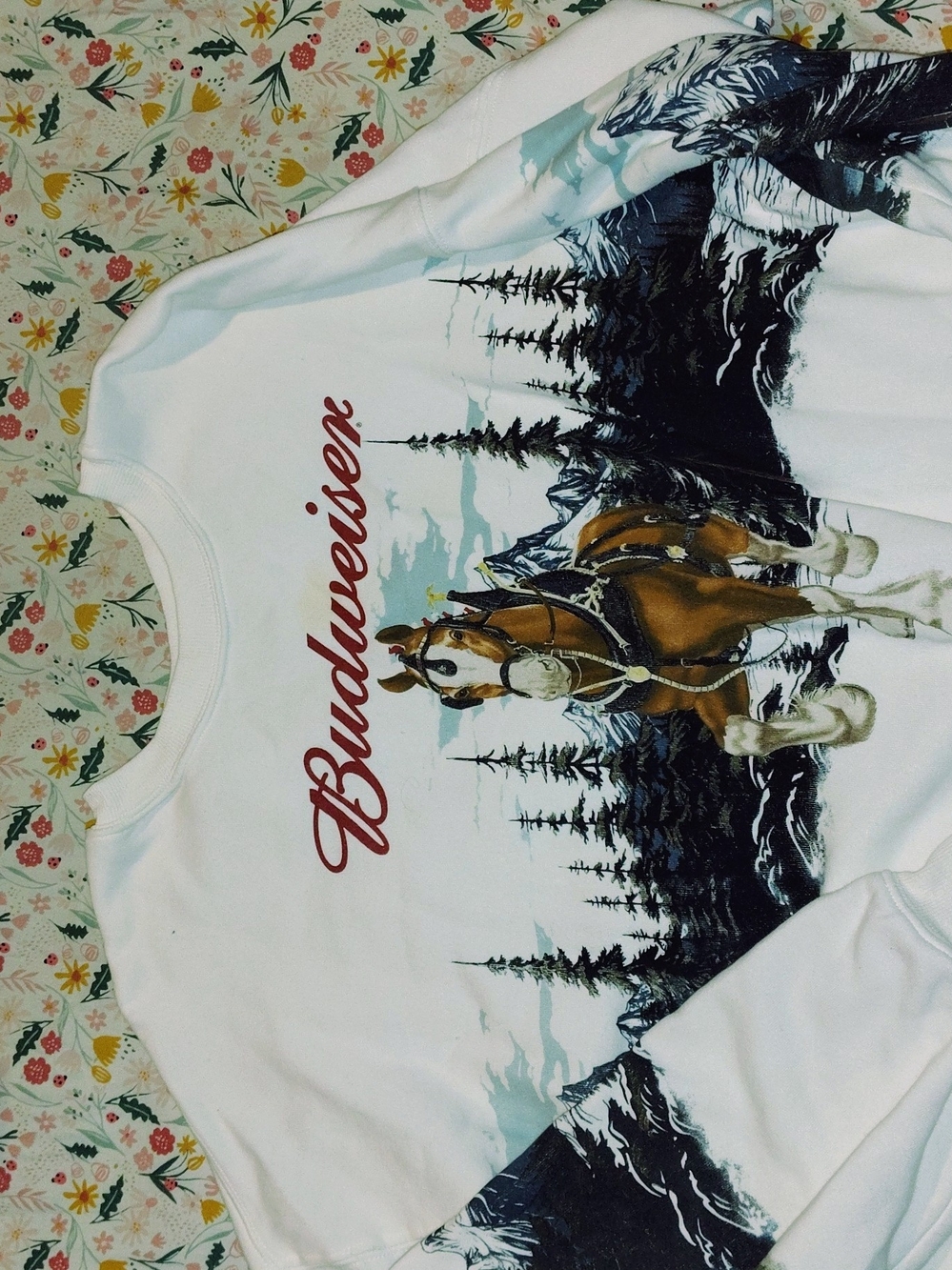 Budweiser White Adult Sweatshirt with Brown Horse Graphic and Red Logo